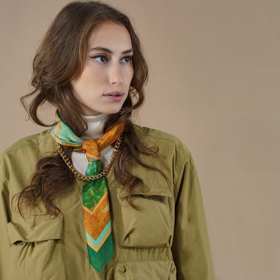 30529 bandana en soie, pongé de soie imprimé Ecume col 2 menthe orange